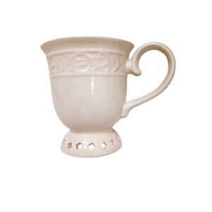 KF Porcelain Cup Beige Coffee Tea Mug Eyelet Lattice Cutout Cottagecore Boho VNT